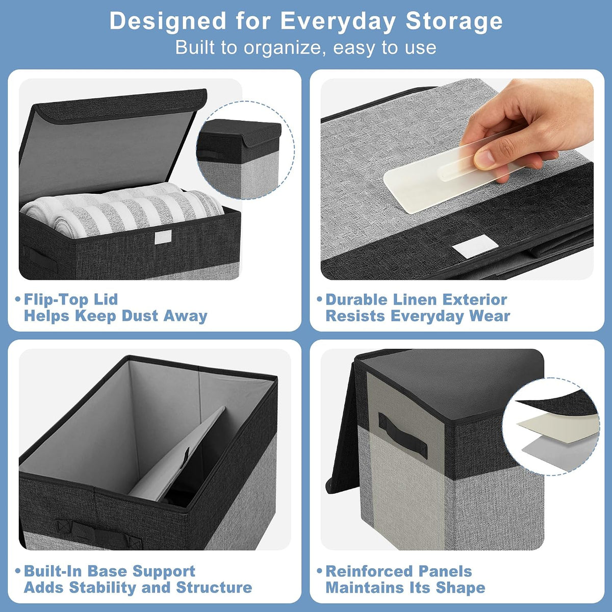 Bagnizer Large 22 Quart Linen Fabric Foldable Storage Bin Cube Organizer Basket with Flip-Top Lid & Handles, Clothes Blanket Box for Home, Office, Closet, Black & Gray, 4 Pack 14.6 x 9.5 x 9.5