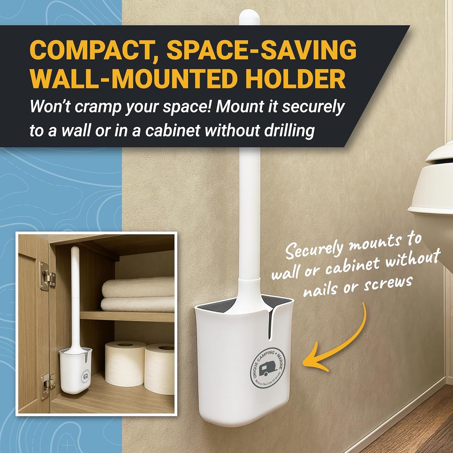 Unique Silicone RV Toilet Brush, Compact, Won't Damage Toilets or Seals, Wall-Mount No-Drip Holder