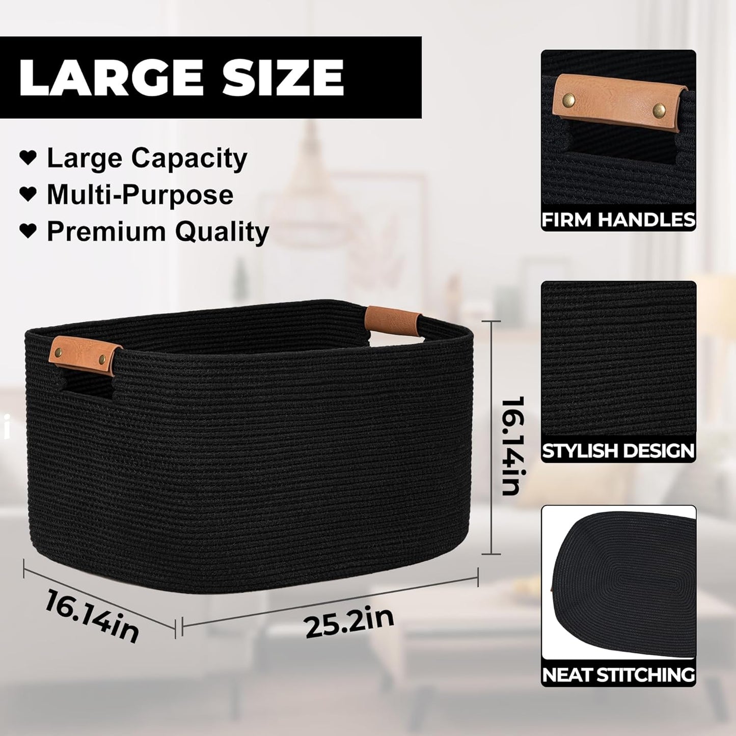 danpinera Large Woven Basket, 108 L Blanket Basket for Living Room, Nursery Bin for Toys Organizing & Laundry, Cotton Rope Hamper with Leather Handle, 25’’*16’’*16’’ Black