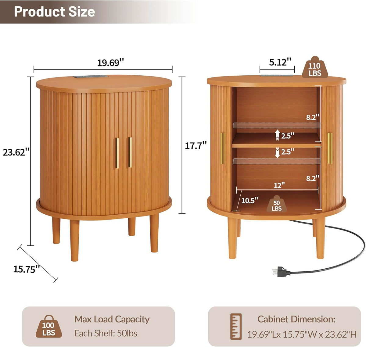 DHH Mid Century Modern Nightstand with Charging Station, Fluted Accent Side Table with Sliding Door & Adjustable Shelf, End Table for Small Space, Living Room, Bedroom,Sofa Couch(1, Yellow)