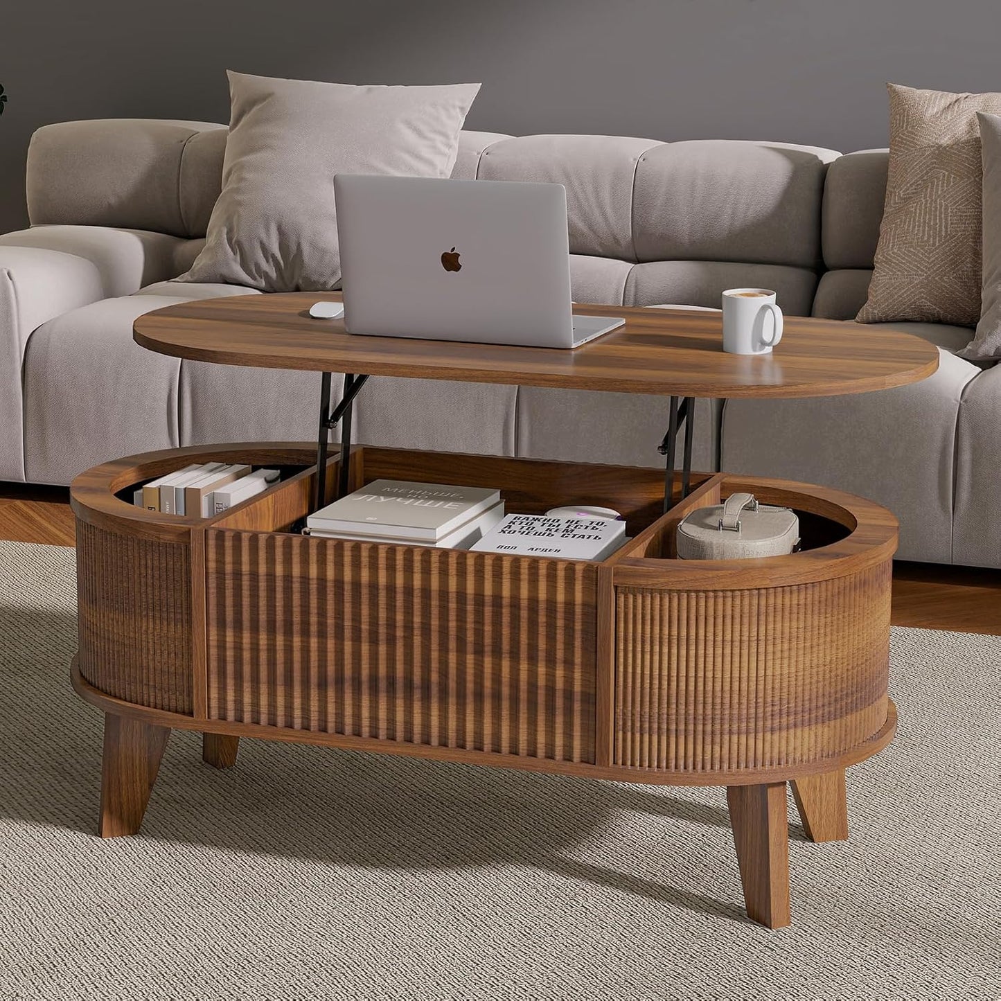LYNCOHOME 43.3'' Fluted Lift Top Coffee Table with Storage,Modern Oval Coffee Table for Living Room or Home Office（Walnut）