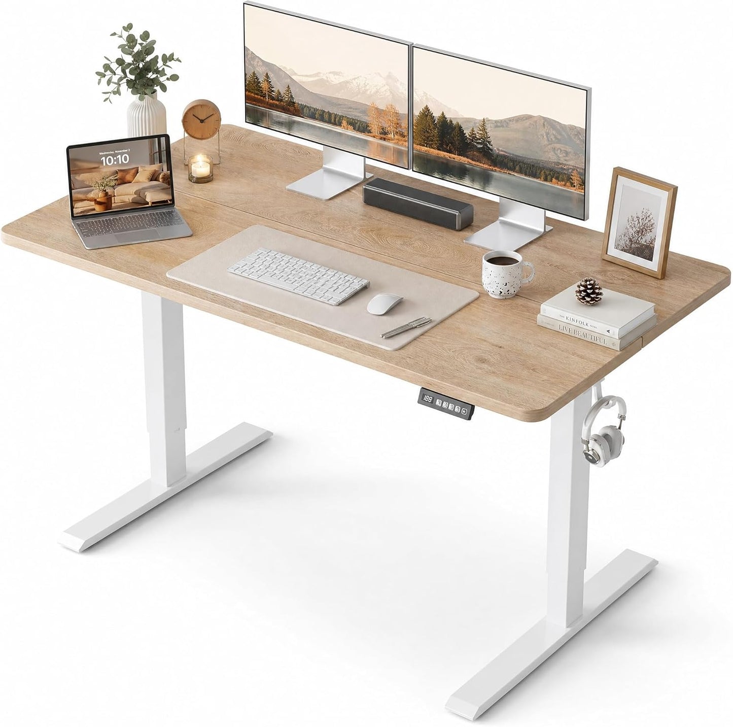 Grandder 47x32 Large Electric Standing Desk, Height Adjustable Computer Desk with 2 Memory Presets, 31.5" Deep Desktop Sit Stand Desk Home Office Desk Workstation Table with Hooks, Maple