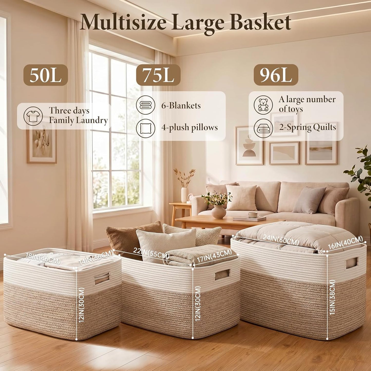75L Large Cotton Rope Basket, Soft Toy Storage Bin for Nursery & Living Room, Decorative Blanket Basket for Bedroom, Baby-Safe Organizer for Pillows &Laundry, 22''×17''×12'', Brown and White