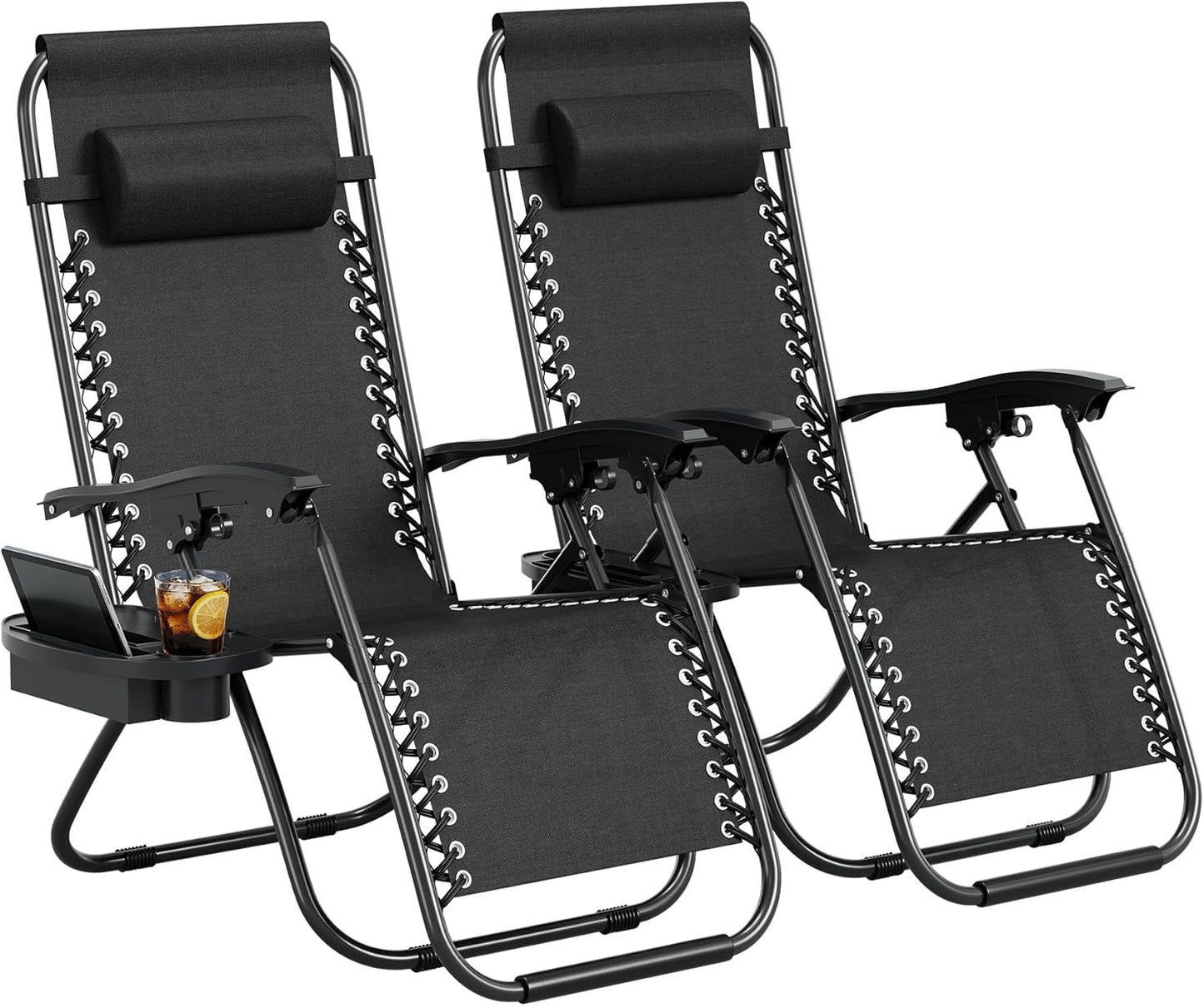 Garvee Zero Gravity Chair Set of 2, Patio Lounge Chair Outdoor with Pillow & Cup Holder Tray, Adjustable Reclining Chair, Folding Portable Camping Chair for Deck, Beach, Yard, Garden - Gray