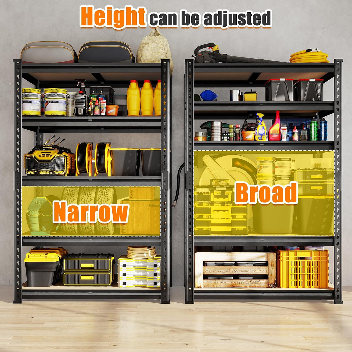 DurayLoly 72.12" H Garage Shelving, Storage Shelves Load 2100LBS, 5-Tier Adjustable Shelving Unit with Thickened Wooden Boards for Multiple Scenarios, 72.12" H x 35.55" W x 11.85" D, Black, 4 Pack