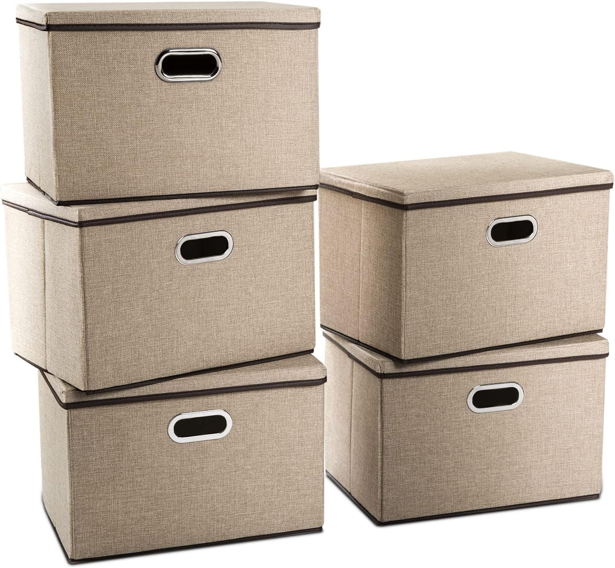 PRANDOM Large Collapsible Storage Baskets with Lids [5-Pack] Jute Fabric Foldable Storage Bins Boxes Organizer Containers Cube with Cover for Home Bedroom Closet Office Nursery (17.7x11.8x11.8)