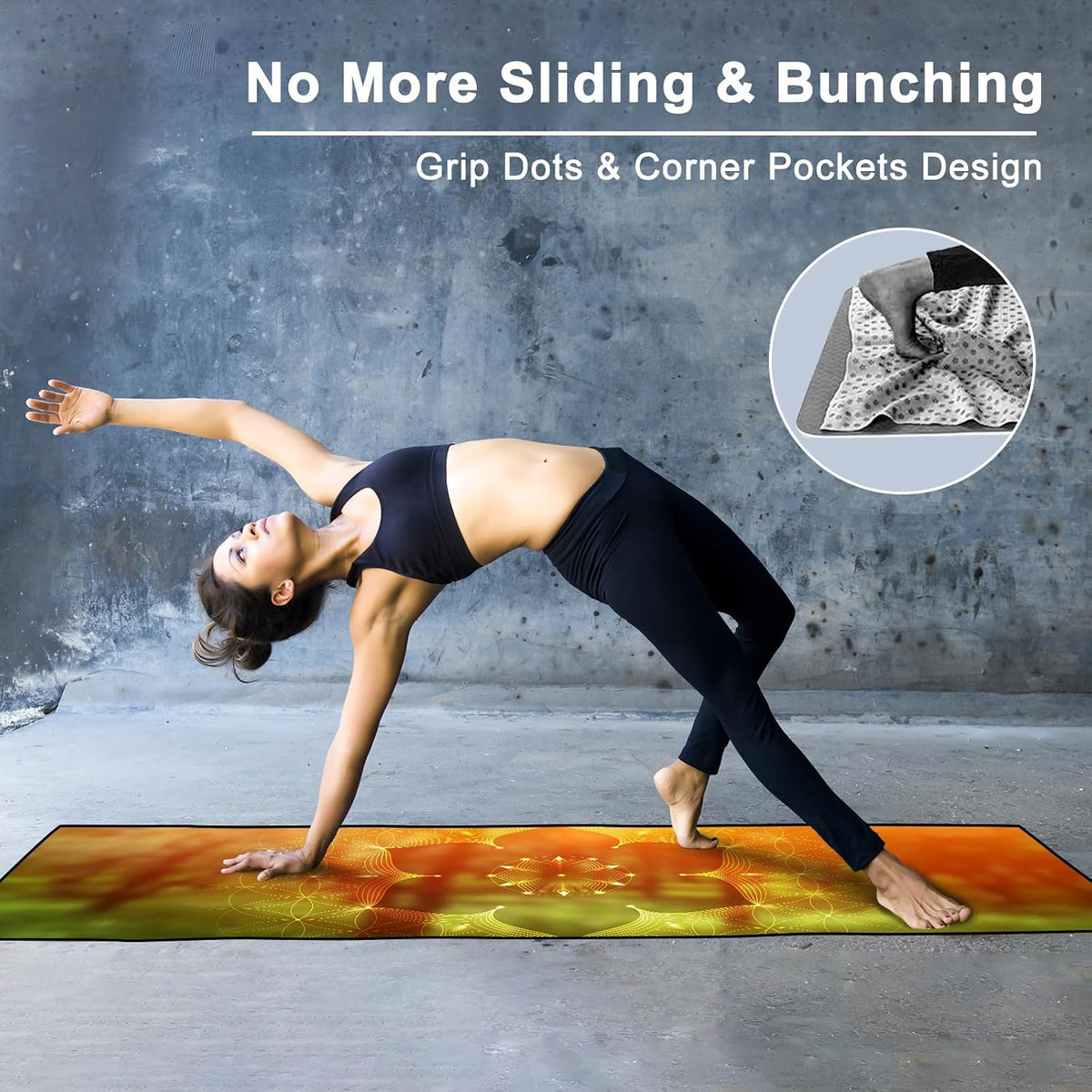 Hot Yoga Towel with Grip Dots, Non Slip, 74"x26", Geometric Flower