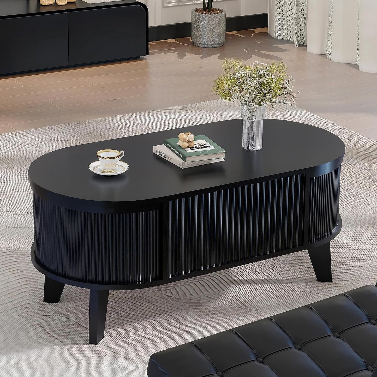 LYNCOHOME Fluted Lift Top Coffee Table with Storage,Modern Oval Coffee Table for Living Room or Home Office(Black)