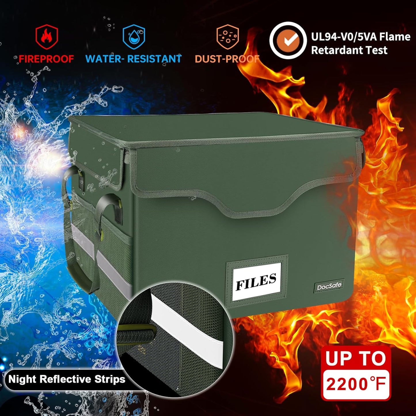 DocSafe Fireproof Document Box with Lock,File Storage Organizer with Mesh Pockets＆Lid,Collapsible Portable File Box Home Office Safe Filing Cabinet with Handle for Hanging Letter/Legal Folder,Green
