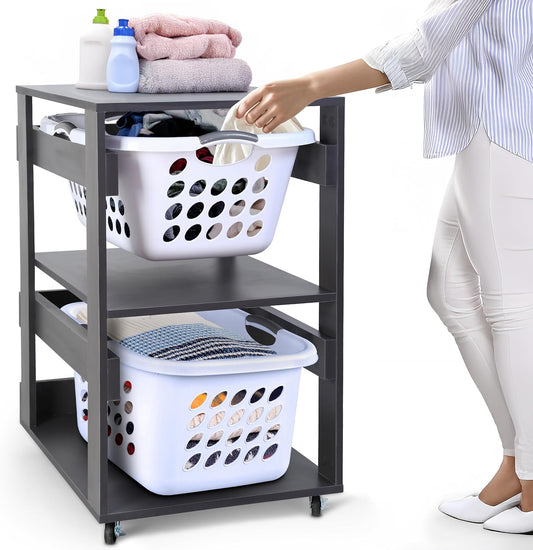 Laundry Basket Holder Shelf (2-Tier) - Stackable Engineered Wood Laundry Tower with Wheels, Tiered Laundry Hamper Organizer for Bathroom, Bedroom