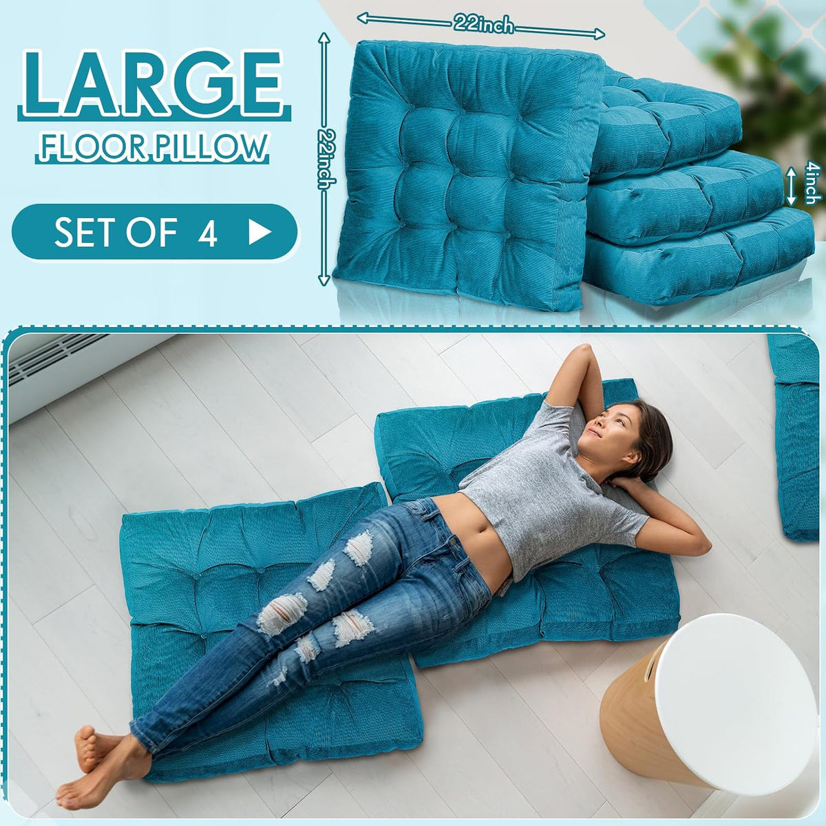 Jerify Blue 4 Pcs Large Floor Pillow Cushion,Square 22 x 22