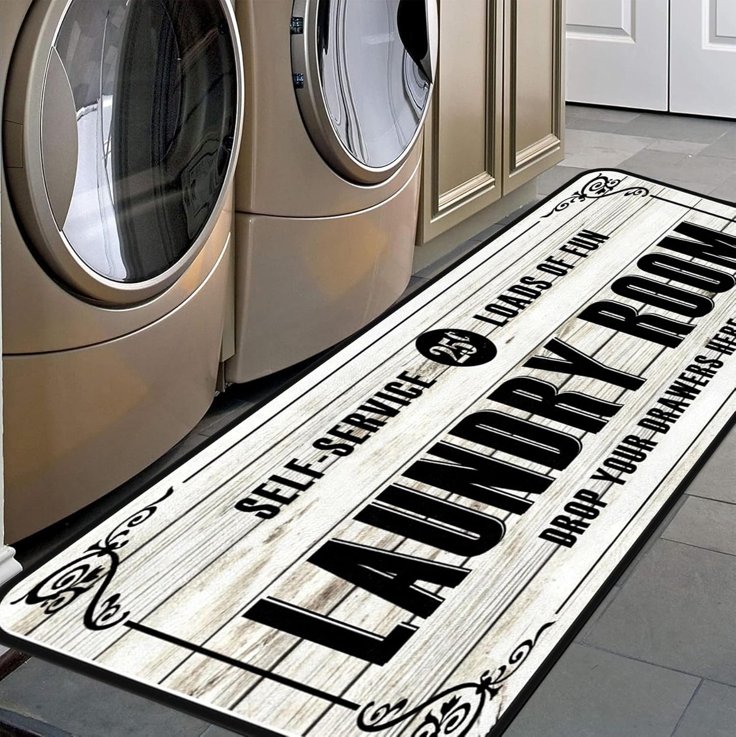 White-2 Farmhouse Laundry Room Rug Runner, Floor Mat, Waterproof Runner for Living Room, Kitchen, Bathroom, and Mudroom Decor 20''x48''