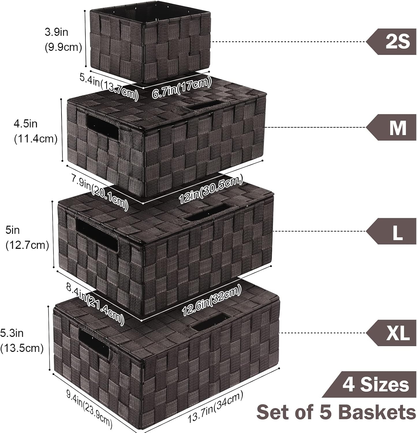 Storage Baskets with Lids: 5 Pack Stackable Woven Storage Bins, Brown