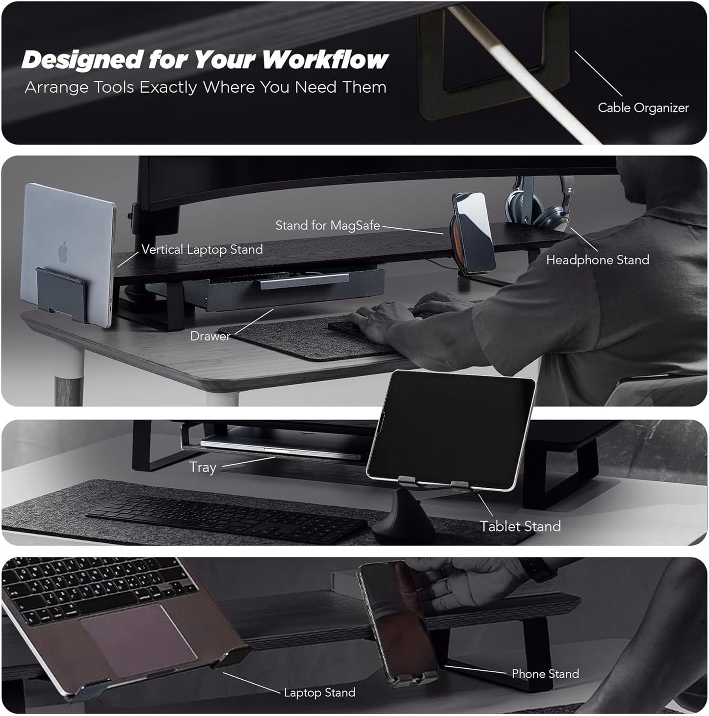 ULTRARM Moodular Wooden Monitor Stand 45.6” (116cm) Large Desk Organizer with Metal Slide Rails for Drawer, Tray, Laptop, Tablet, Phone & Headphones Customizable Riser for Organized Workspace Oak