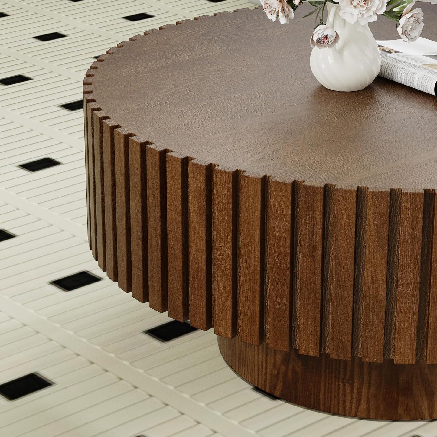 31.5'' Round Coffee Table (Round Brown) | Modern Handcraft Drum Coffee Table, Unique Fluted, Wood Center Table, For Small Space, Farmhouse Apartment Office