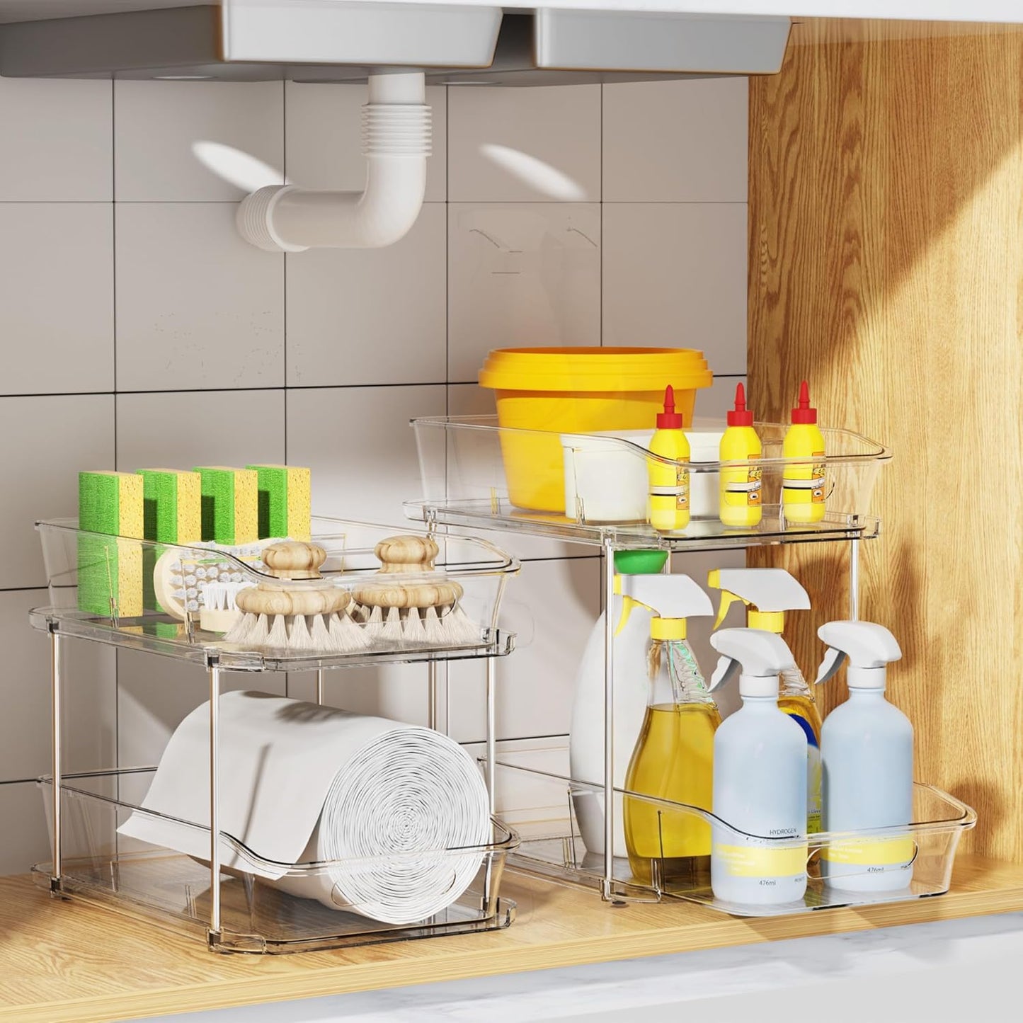 Delamu 2-Tier Under Sink Organizers and Storage, Multi-Purpose Stackable Bathroom Cabinet organizers, Pull Out Kitchen Pantry Organization and Storage with Dividers(2 Pack, Clear)