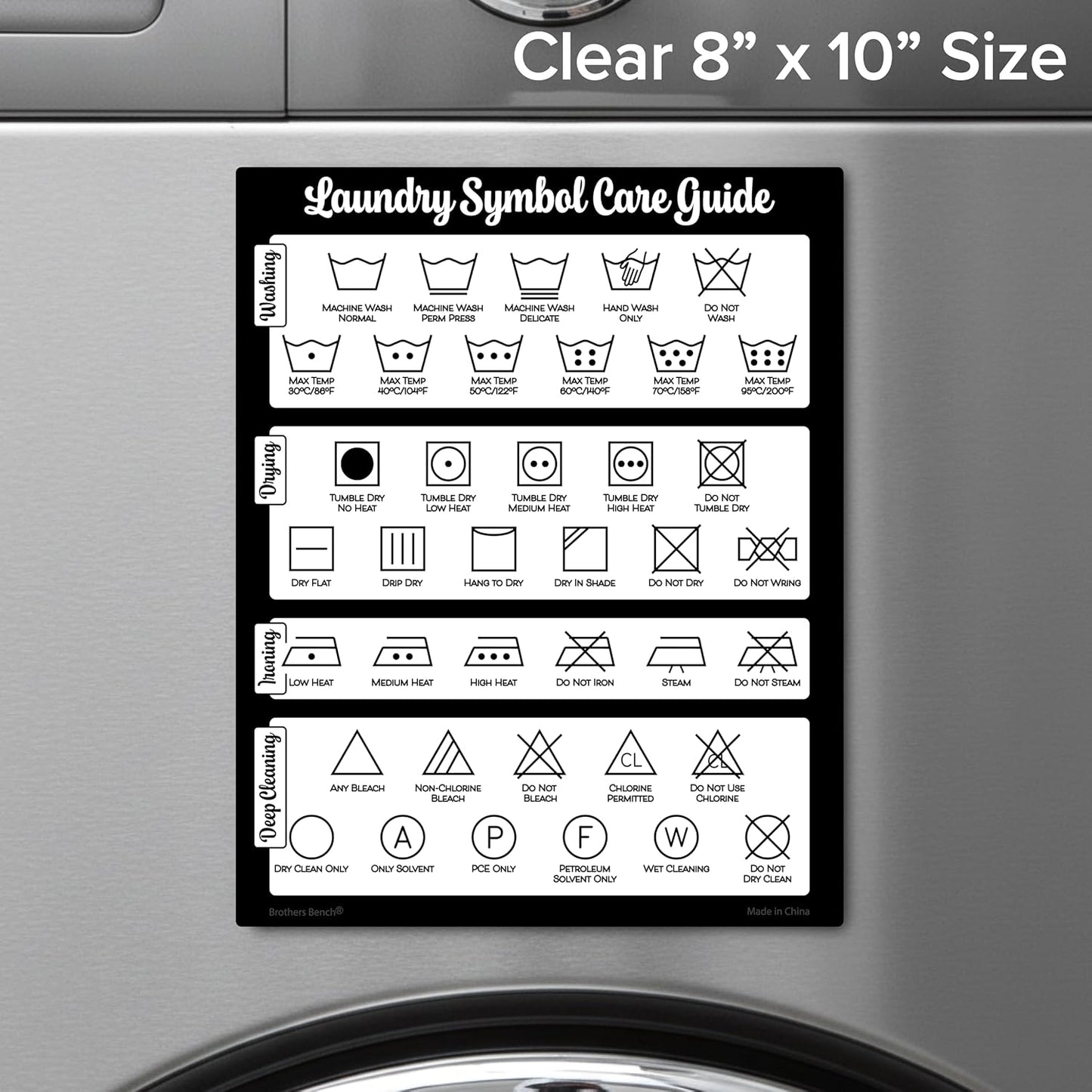 Farmhouse Laundry Symbols Magnet, 8x10 Laundry Symbols Chart, 39 Icons for Clothing Care Guide, Laundromat Care Symbol Wall Art for Home, Washing Room Sign Chart, Laundromat Room Organization & Decor