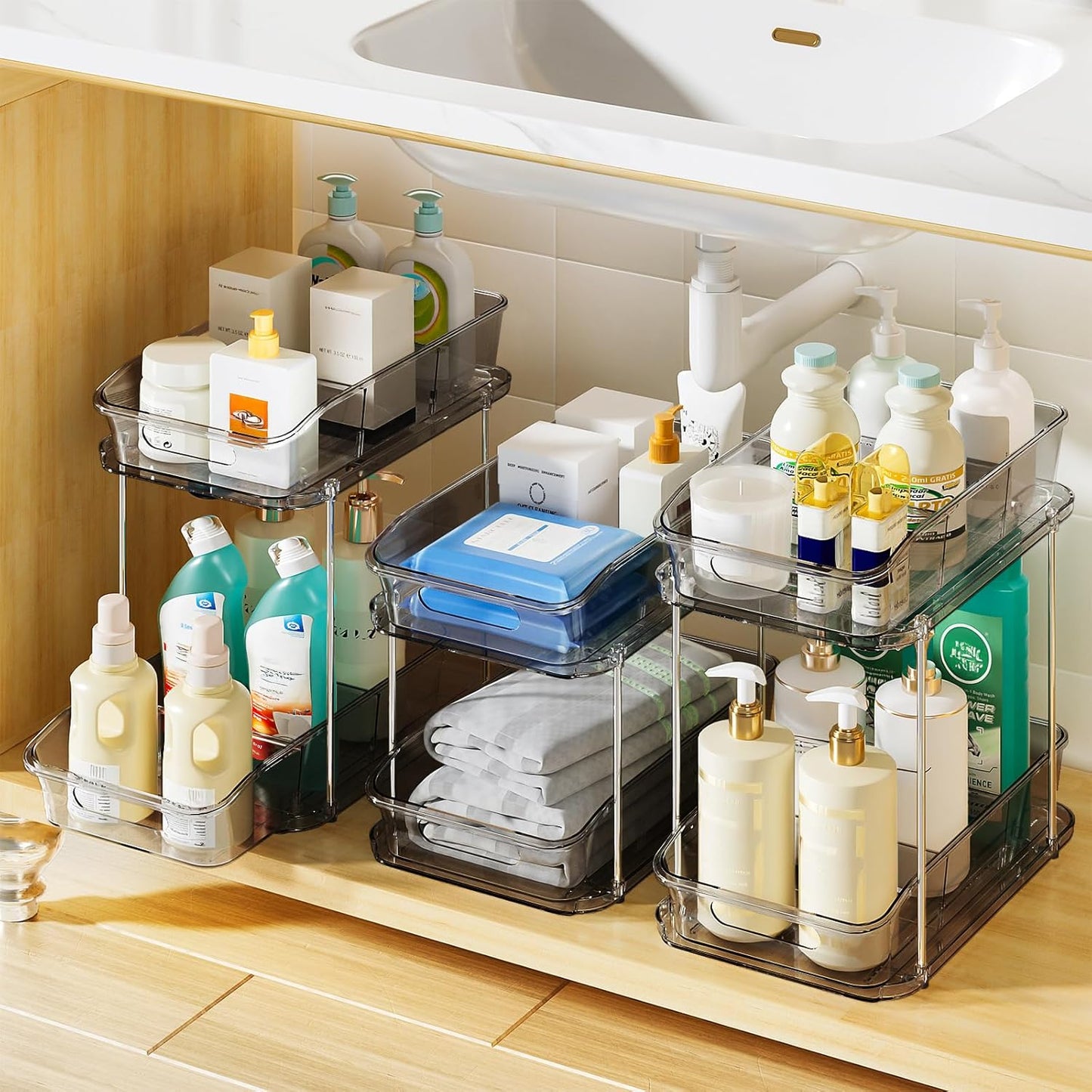 Delamu 2-Tier Under Sink Organizers and Storage, Multi-Purpose Stackable Bathroom Cabinet organizers, Pull Out Kitchen Pantry Organization and Storage with Dividers(2 Pack, Amber)
