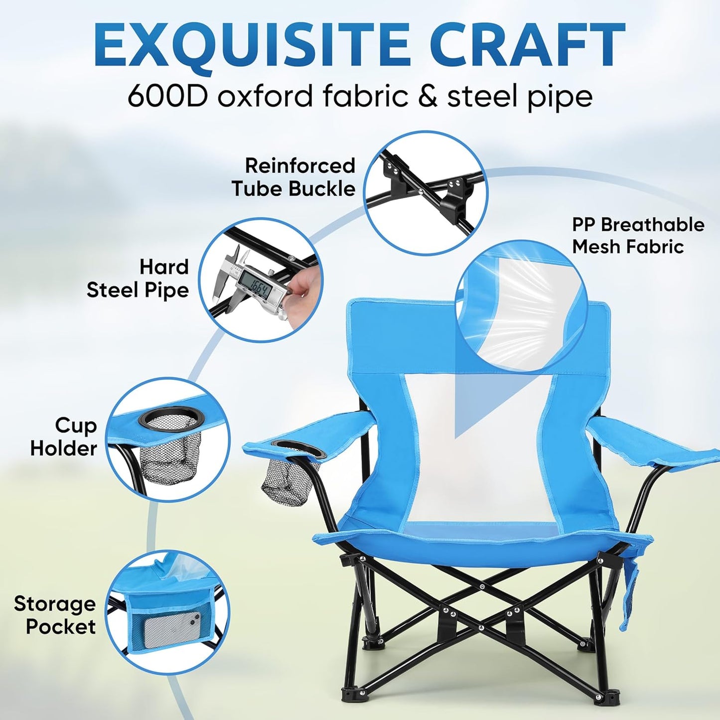 HaSteeL Folding Beach Chair, Foldable Blue Camping Chairs for Outside, Low Beach Chair Portable for Adults Fishing, Picnic, Outdoor BBQ, Travel, Sports, Cup Holder & Storage Bag