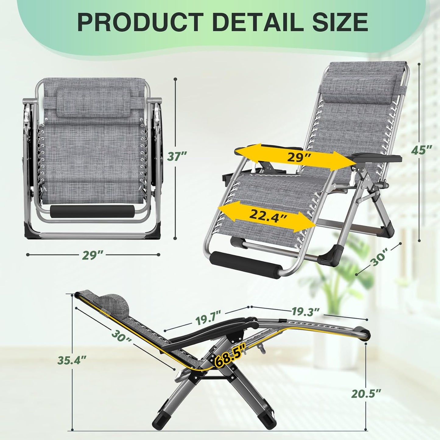 Suteck Oversized Zero Gravity Chair, 29In XL Outdoor Recliner Chair w/Removable Cushion&Headrest, Camping Lounge Chair w/Upgraded Lock&Footrest, Reclining Patio Chairs for Indoor Outdoor,500LBS