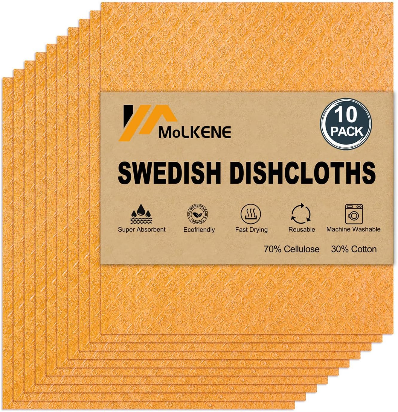 MoLKENE Swedish Dish Cloths - 10 Pack Reusable Kitchen Dishcloths - Ultra Absorbent Dish Towels for Washing Dishes - Cellulose Sponge Cloth Cleaning Rag - Assorted