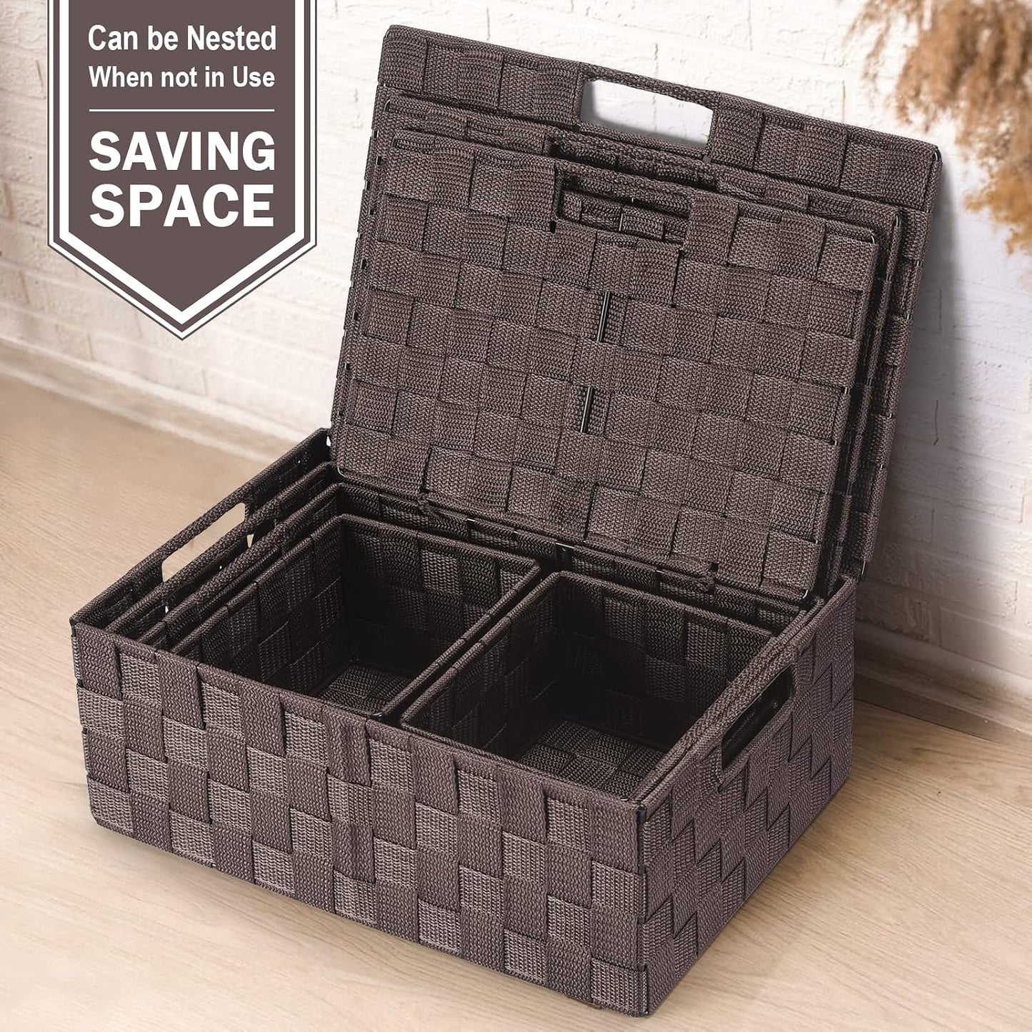 Storage Baskets with Lids: 5 Pack Stackable Woven Storage Bins, Brown