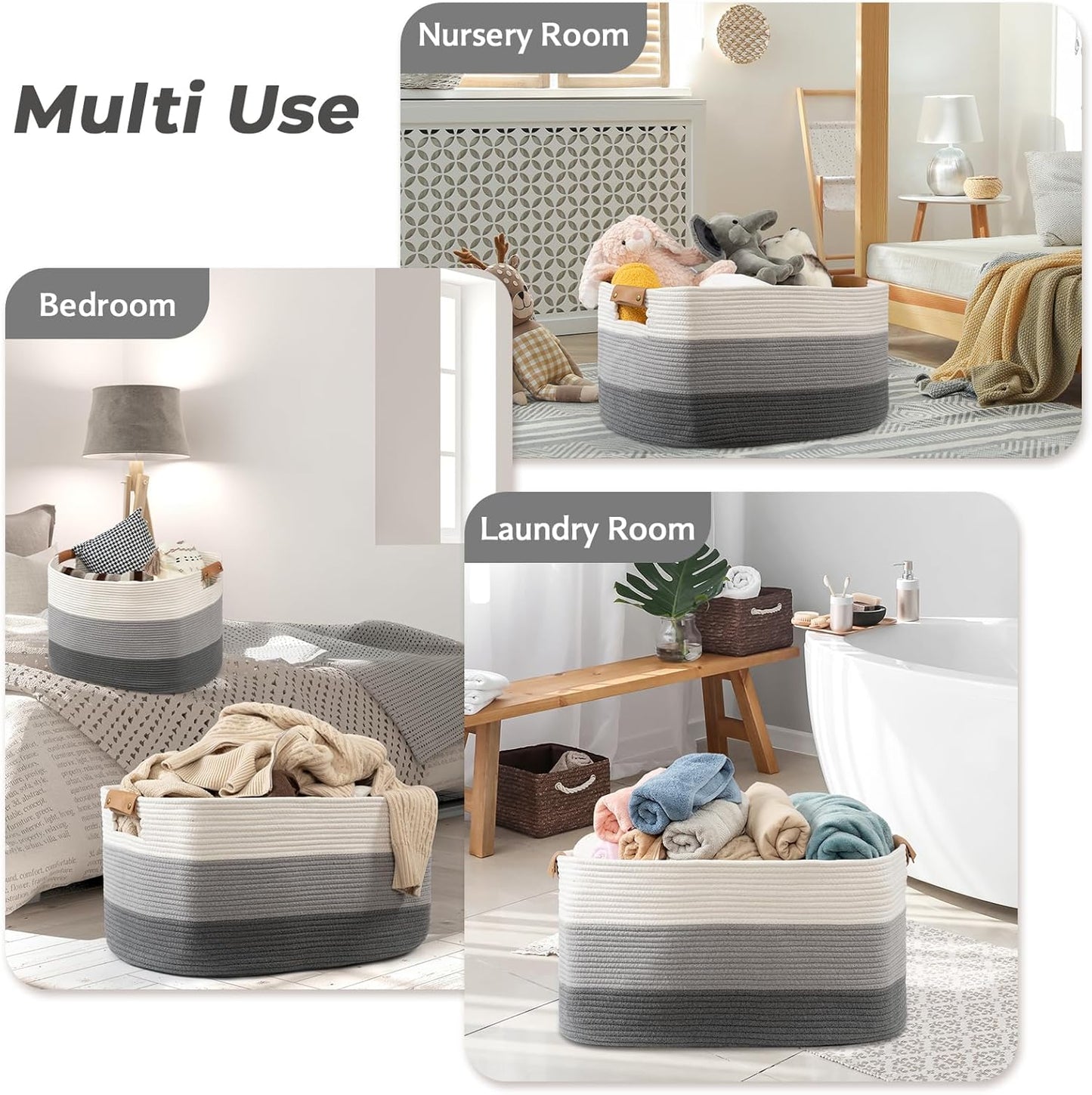 danpinera Blanket Basket, 72L Rectangle Large Basket for Living Room, Baby Room & Laundry, Woven Cotton Rope Toy Bin Baby Nursery Room Storage, 22’’*17’’*11.8’’, Gradient Grey