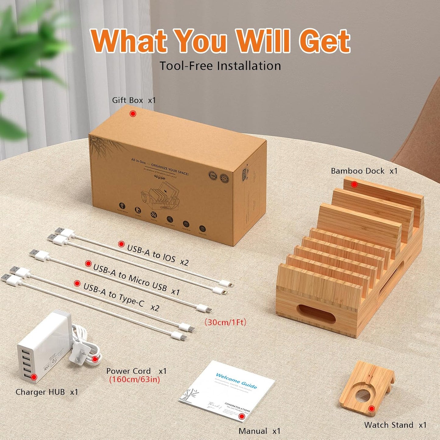 Pezin & Hulin Bamboo Charging Station with 5-Port USB Charger & 5 Cables | 7-Slot Wood Organizer, Magnetic Snap Assembly, Thick Base, Non-Slip Pads, Hidden Cord Box. Ideal for Home Office & Bedside