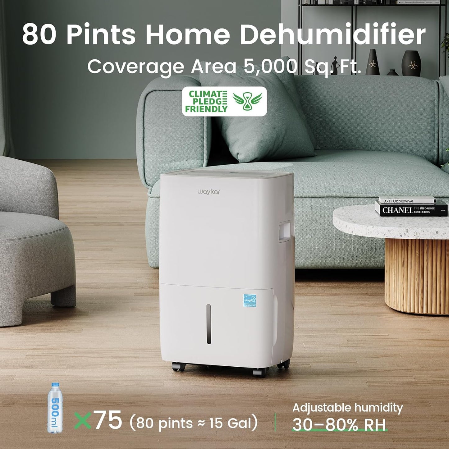 Waykar 80 Pints Energy Star Dehumidifier for Spaces up to 5,000 Sq. Ft at Home, in Basements and Large Rooms with Drain Hose and 1.14 Gallons Water Tank