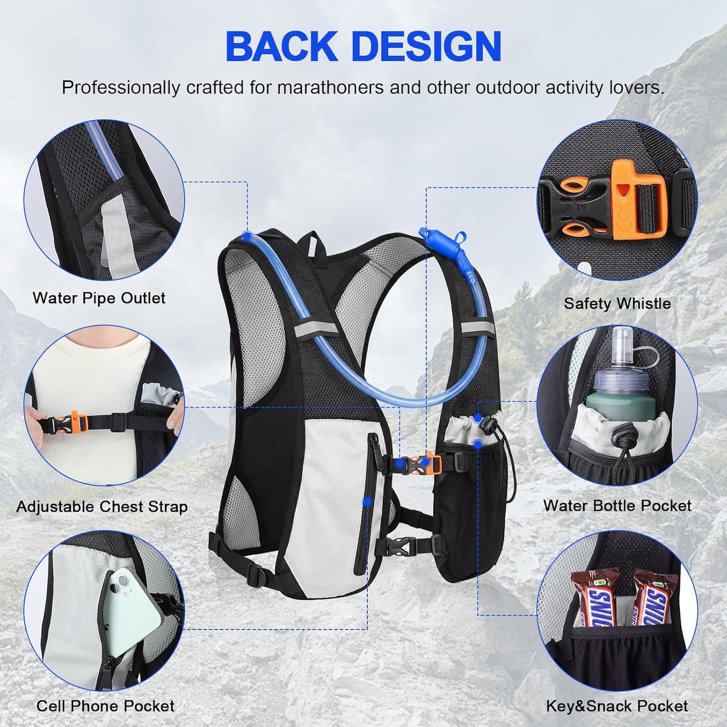 KUYOU Running Hydration Vest - Lightweight Insulated Hydration Backpack with 2L Water Bladder, Adjustable Chest Straps and Reflective Water Backpack for Running Marathon Race Hiking Cycling