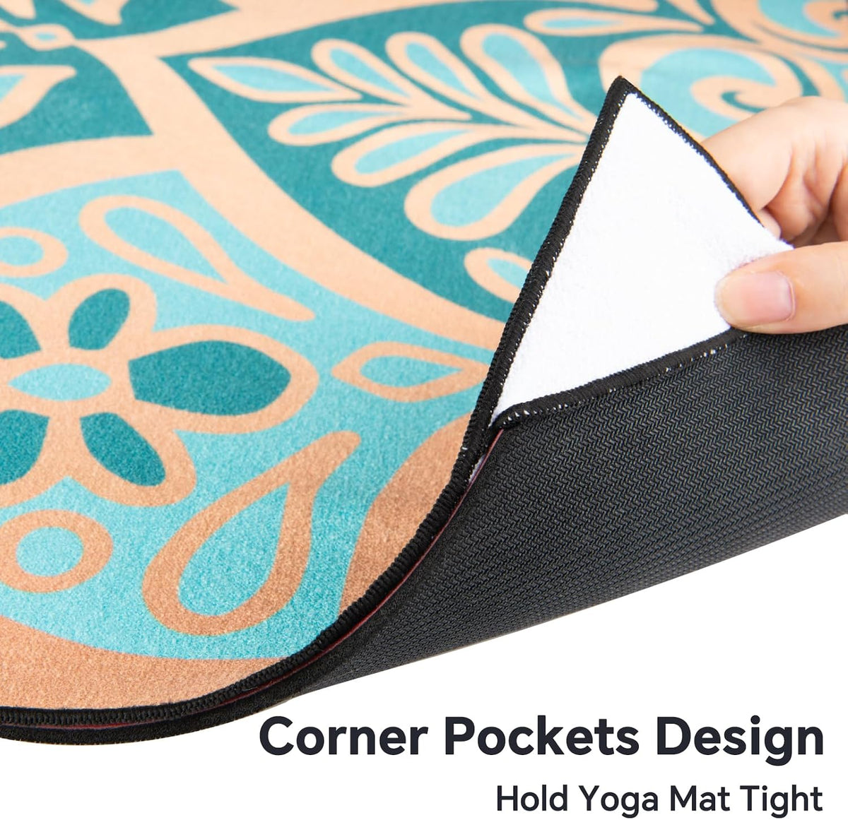 Hot Yoga Towel with Grip Dots, Non Slip, 70"x26, Turquoise Gold Mandala