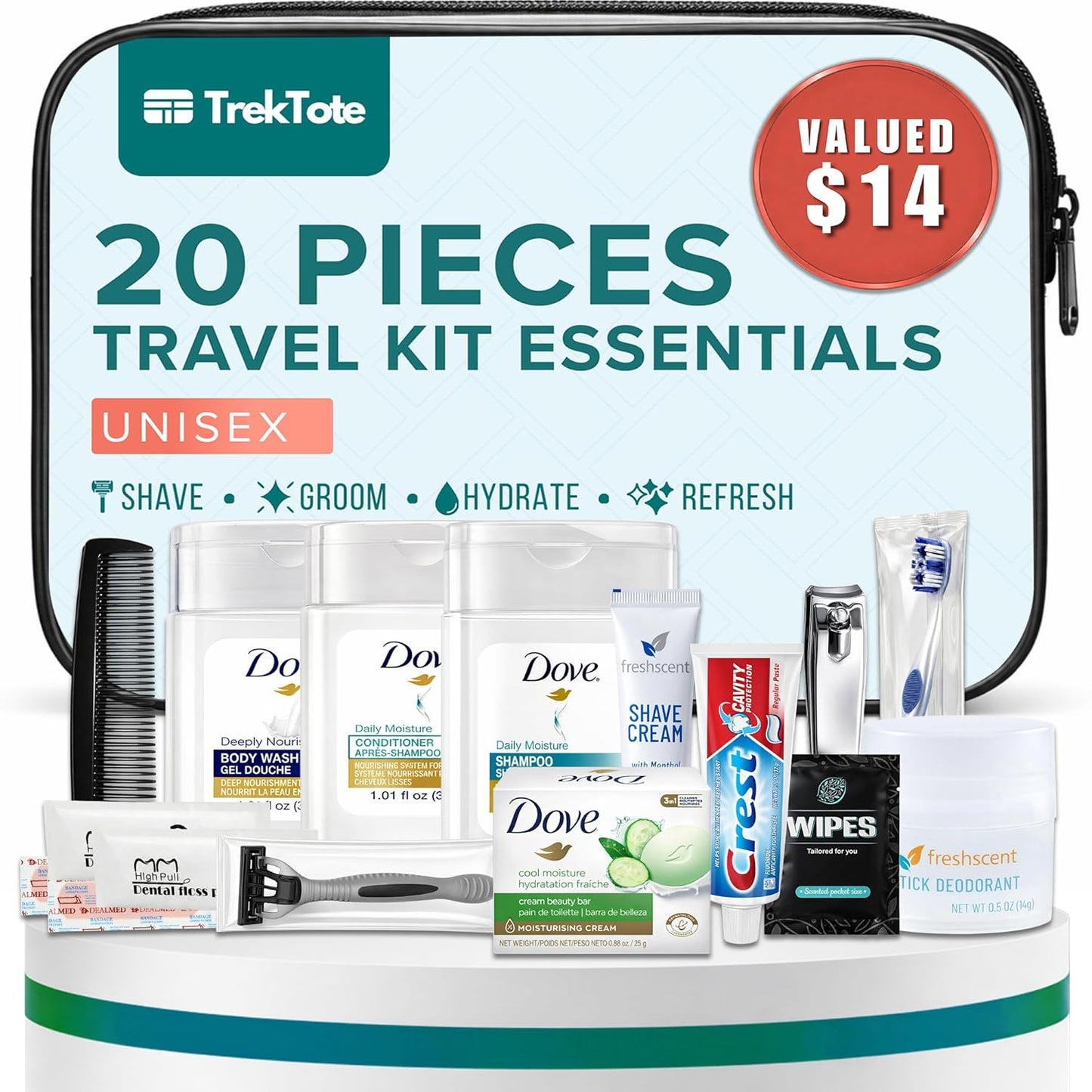 20 Piece Unisex Travel Hygiene Kit with Toiletries & Personal Care Essentials, TSA-Compliant, Individual and Bulk Packs Available