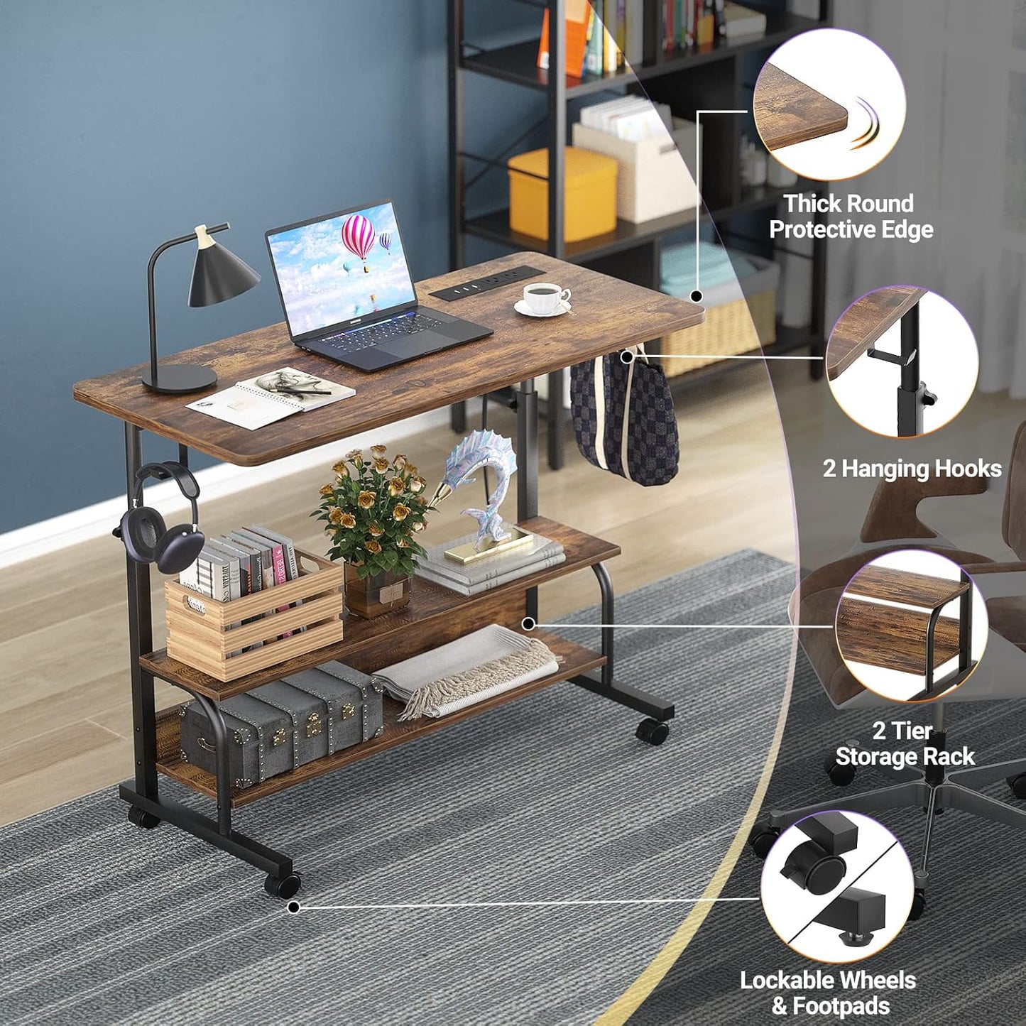 Armocity Rolling Standing Desk with Charging Station, Portable Height Adjustable Mobile Computer Desk with Wheels & 2-Tier Shelves & Hooks, Easy Assembly Laptop Table for Couch Bed, 32" Rustic Brown