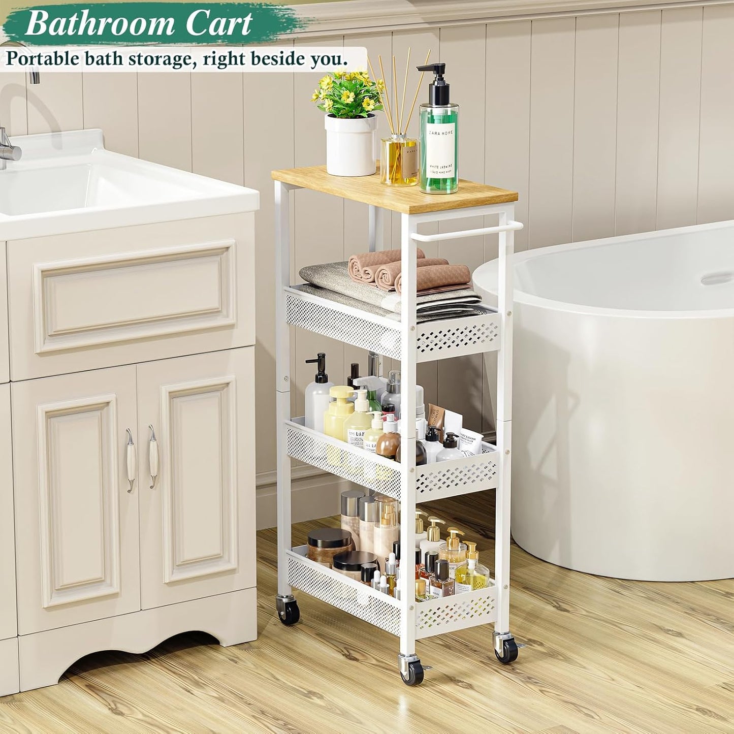 OKZEST Utility Slim Storage Cart, 4-Tier Narrow Bathroom Organizers and Storage Cart, Narrow Metal Kitchen Laundry Room Organization Shelf with Wood Top, Slim Rolling Carts with Wheels for Small Space