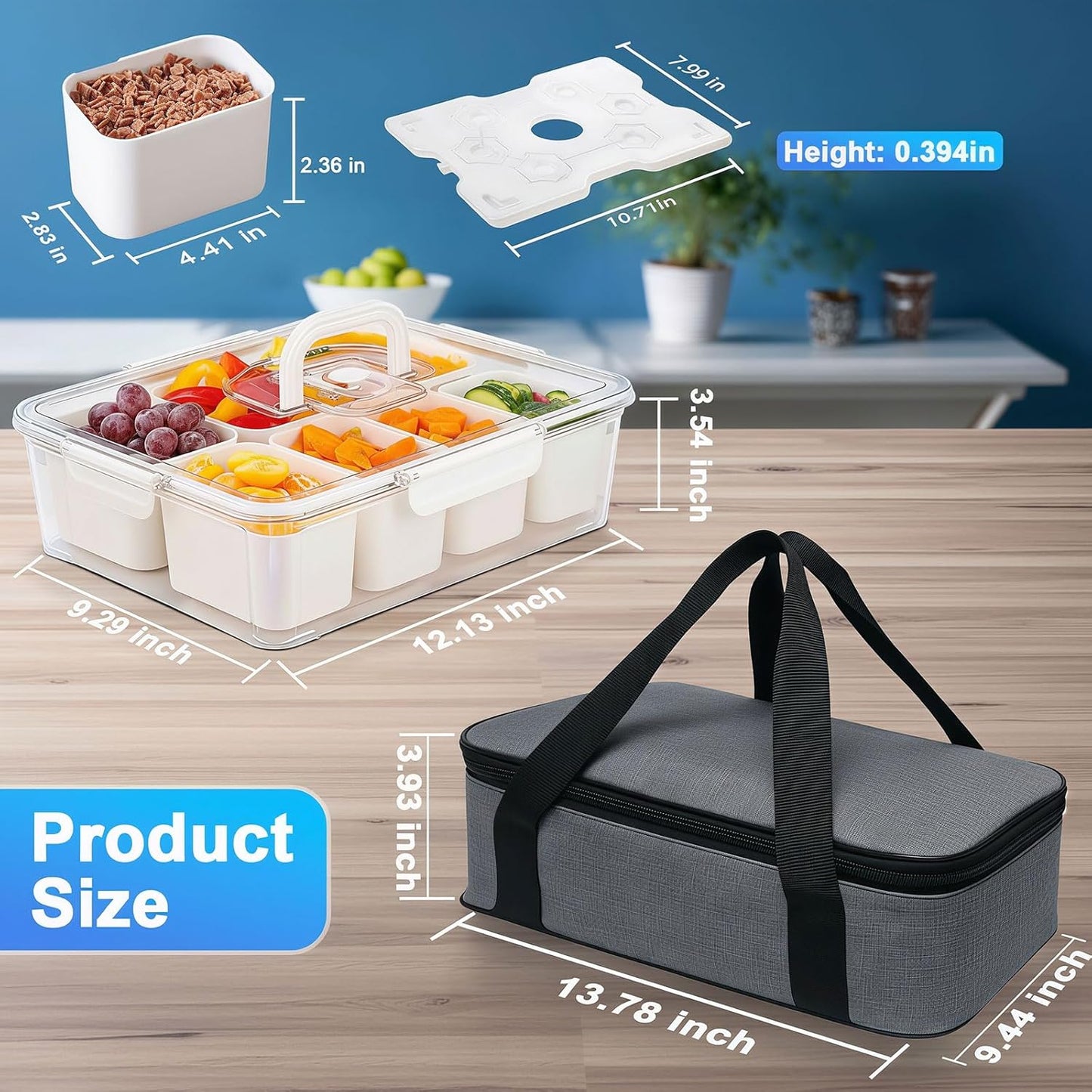 Portable Snackle Box Container with Ice Pack,Snack Container Divided Serving Tray Insulated Bag, Cooling Travel Snacklebox with Lid & Handle,8 Compartment Chilled Serving Tray for Beach,Outdoor,Picnic