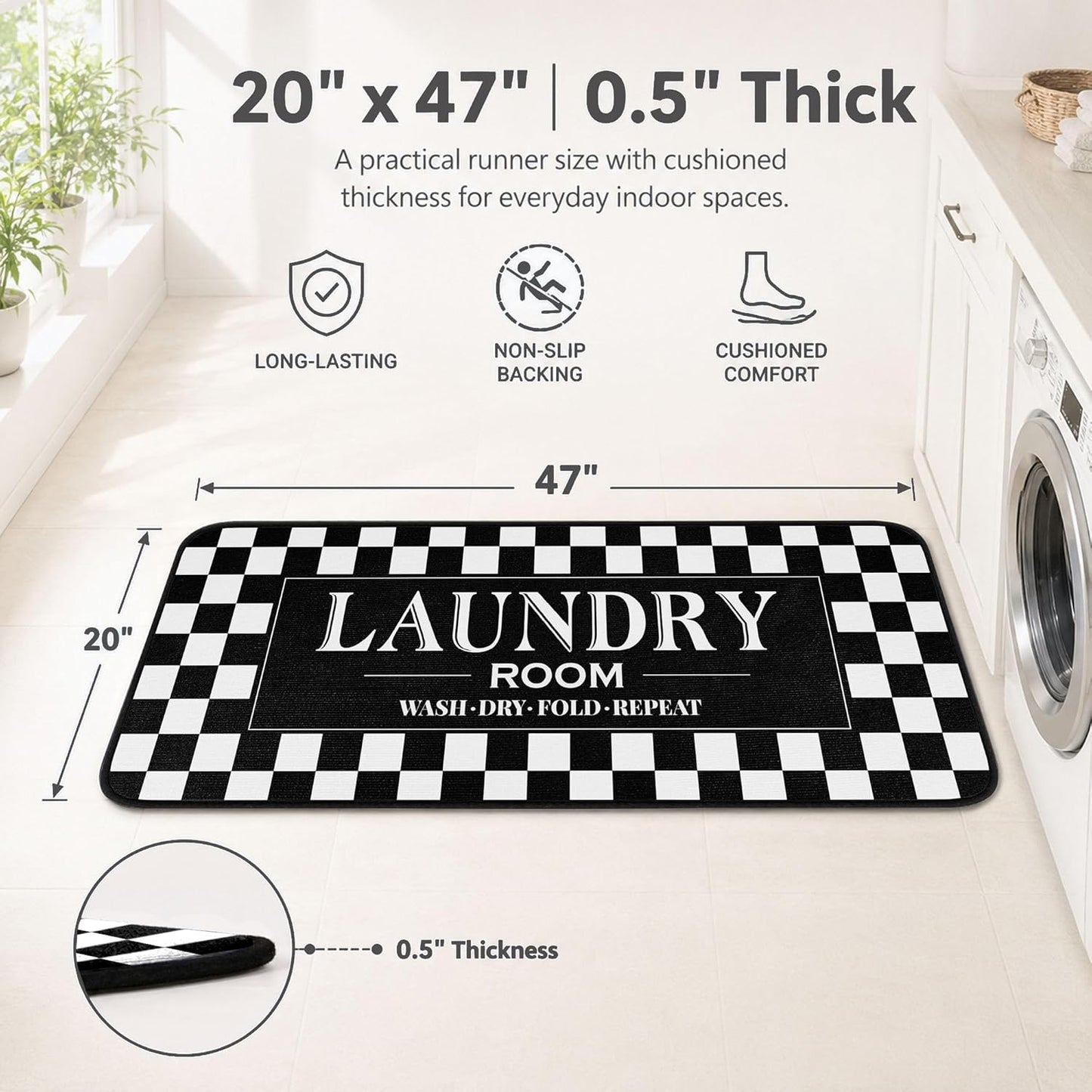 ROMAMIGO Laundry Room Rug Runner Non Slip Laundry Mats Mudroom Laundromat Runner Farmhouse Kitchen Floor Mat Bathroom Laundry Room Decor Accessories(20 X 47 inch, Black Checkerboard)