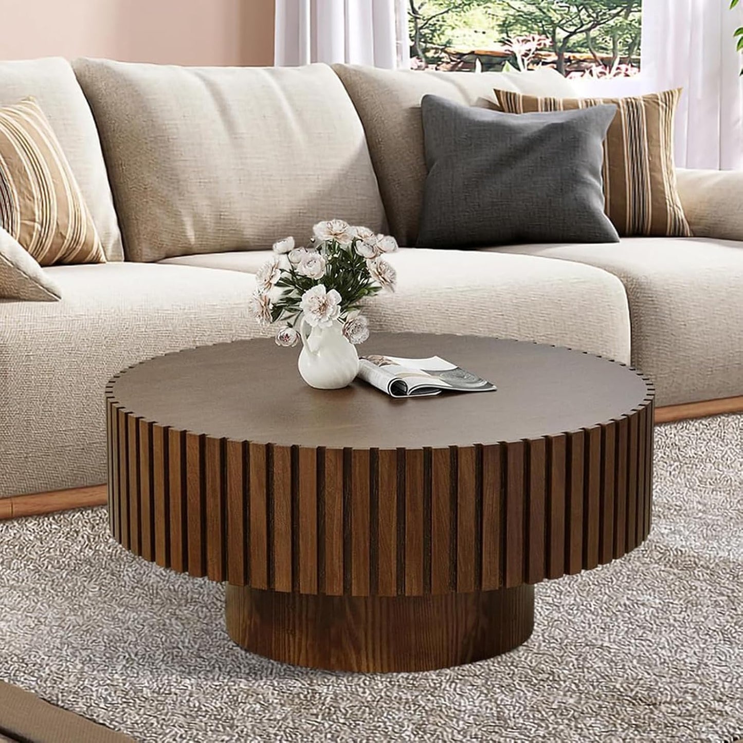 31.5" Round Drum Fluted Coffee Table (H) | Mid-Century Modern, Easy Assembly, Sturdy Pedestal, Center Tables for Apartment Living Room