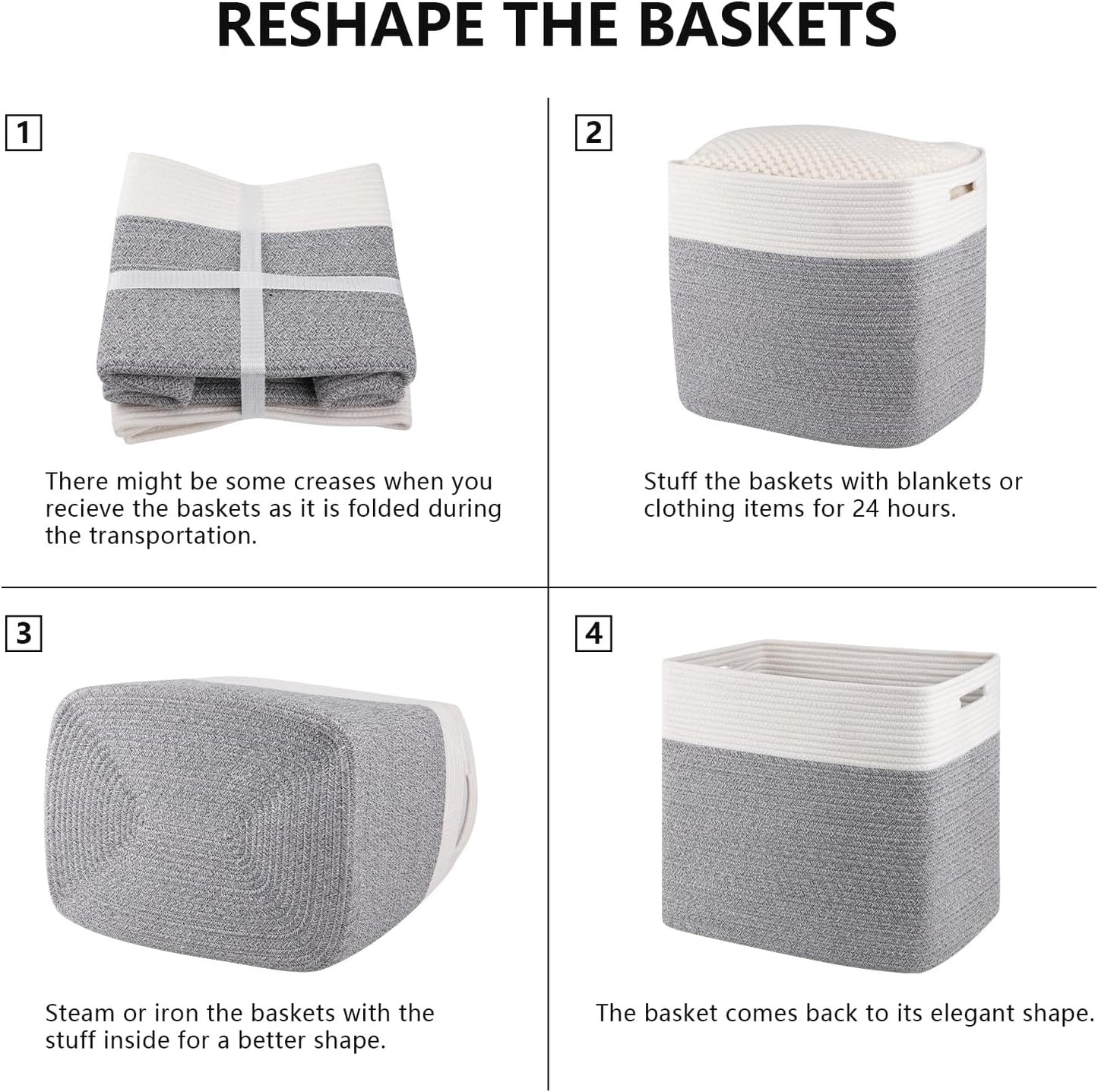 OIAHOMY 2 PACK Tall Storage baskets 55L Blanket Basket Living Room Grey | Large Collapsible Storage Bins Narrow Basket Baskets for Closet Organization Storage Baskets for Shelves Toy Storage Basket