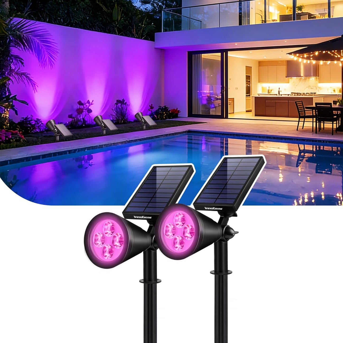 InnoGear Solar Lights Outdoor Waterproof Halloween Christmas Solar Garden Light for Outside Yard Landscape Lighting Pathway Spot Lights Spotlight Wall Light Auto On/Off, 2 Pack (Violet Purple Light)