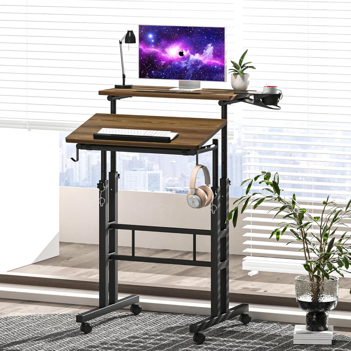 Klvied Stand Up Desk on Wheels, Portable Computer Desk for Home Office,Rolling Desk for Laptop with Removable Cup Holder, Adjustable Laptop Cart for Standing or Sitting,Raffia