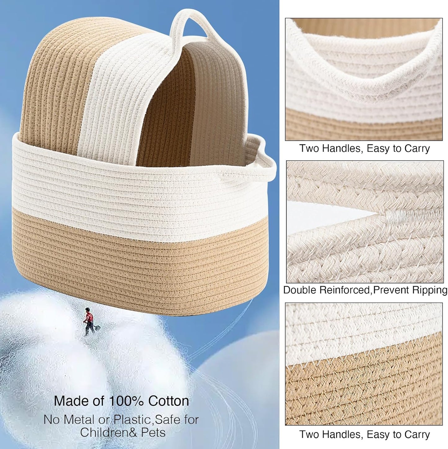 DUHEL Cotton Rope Woven Storage Basket (White&Khaki-3PCS) | Used for Baby Hamper Toy Organizer, Gift Baskets Empty,Kids,Baby,nursery. Size 15x10x8.7 Inches.