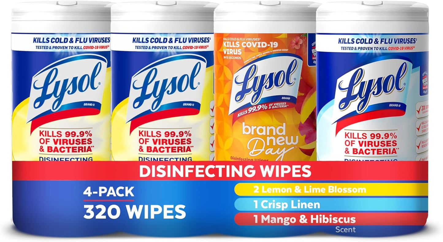 LYSOL Disinfecting Wipes, All Purpose Cleaner, Multi-Surface Antibacterial Cleaning Wipes, Household Cleaning Supplies, Dorm Essentials, Lemon + Mango & Hibiscus + Crisp Linen Scent, 80 ct. (4 Pack)