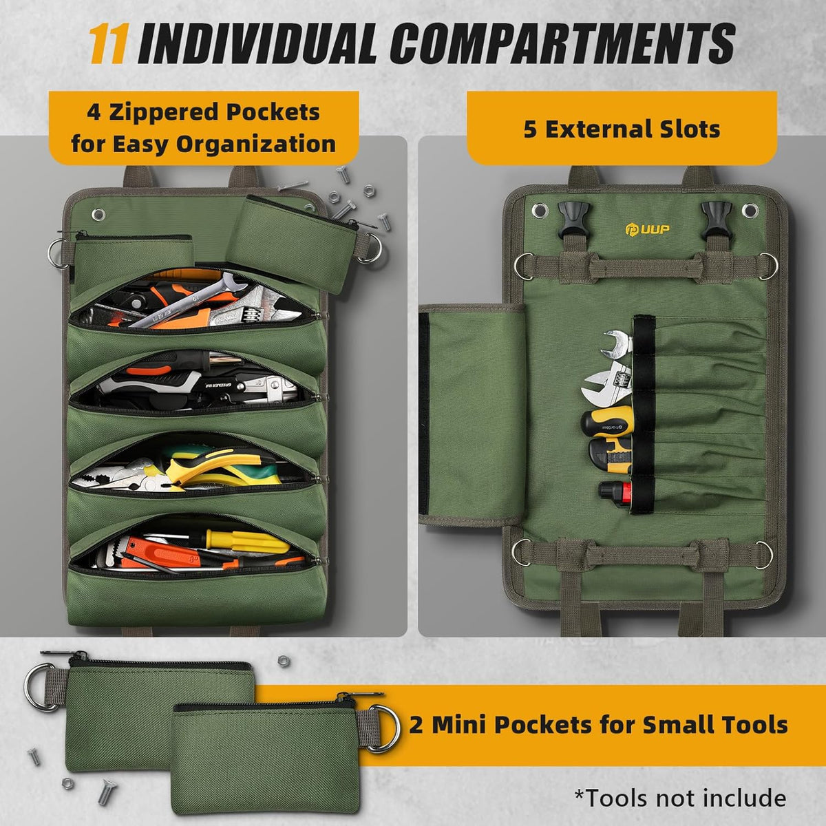 Tool Bag Roll Up, UUP Heavy Duty Portable Soft Tool Storage, Foldable Empty Rollup Organizer with Small Pockets, Official Rollable Toolbag, Father Day Gifts for Him Dad Men Mechanic Welding, Green