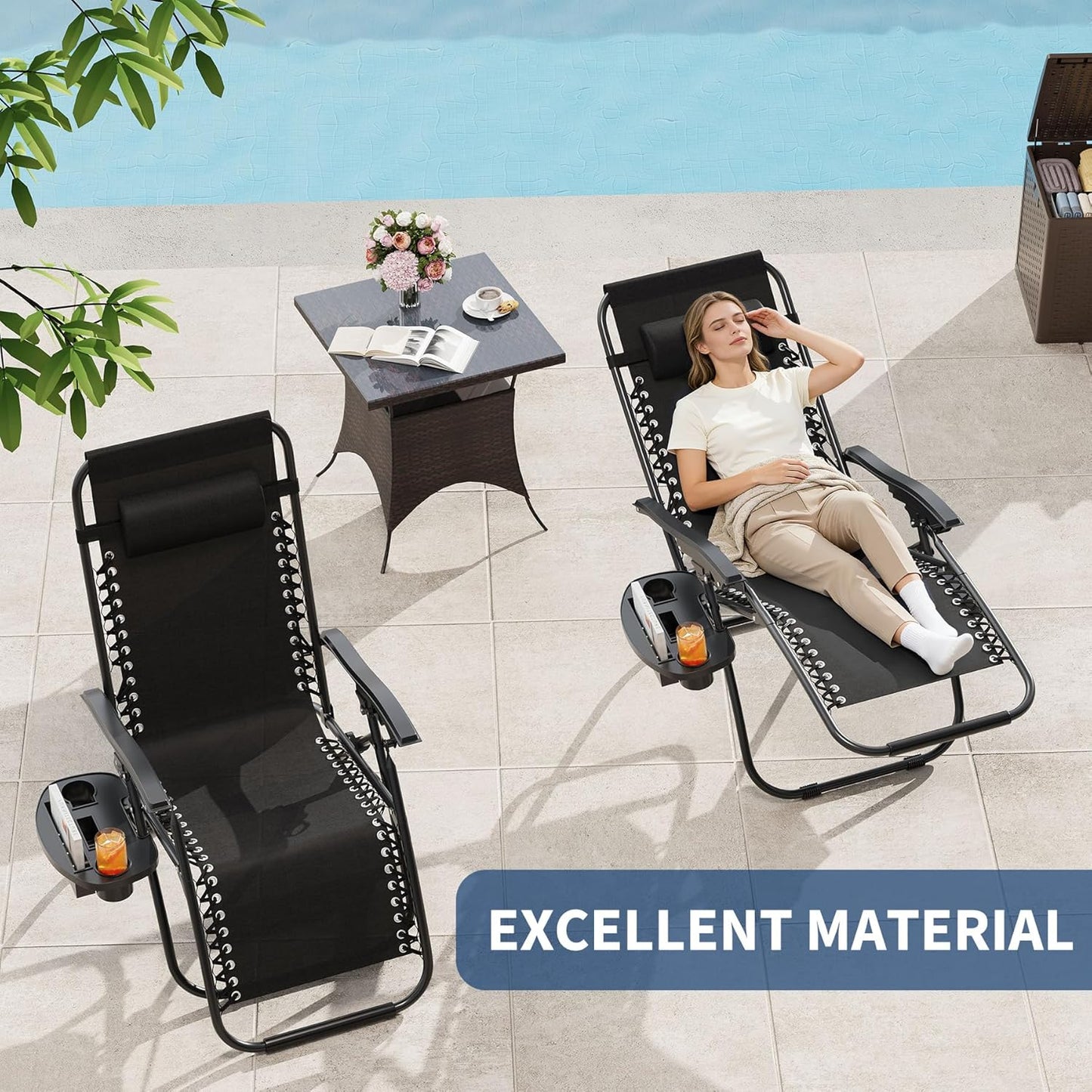 Garvee Zero Gravity Chair Set of 2, Patio Lounge Chair Outdoor with Pillow & Cup Holder Tray, Adjustable Reclining Chair, Folding Portable Camping Chair for Deck, Beach, Yard, Garden - Black