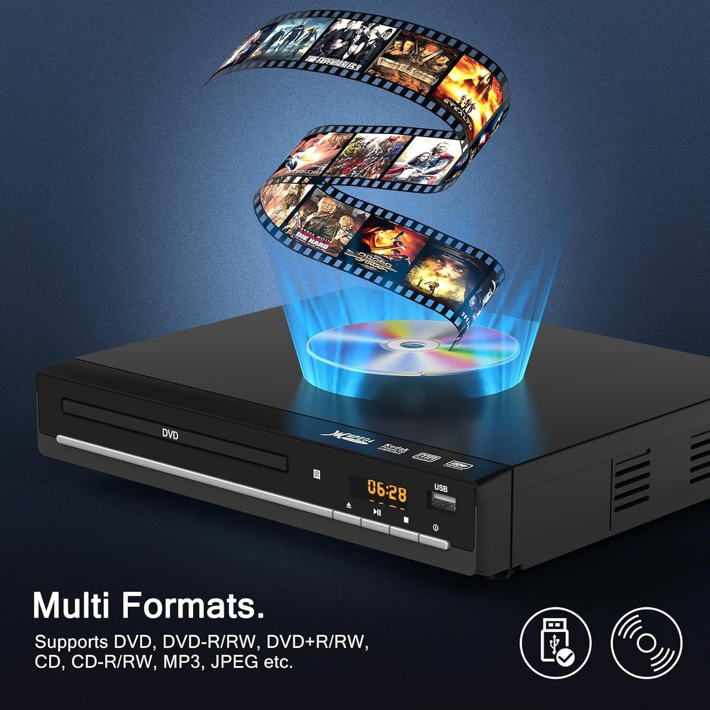 DVD Players for TV with HDMI,Plays All Regions and Formats,CD Player for Home,Support 1080P Video/CD/DVD/VCD/JPEG/USB, Remote, HDMI and RCA Cables Included