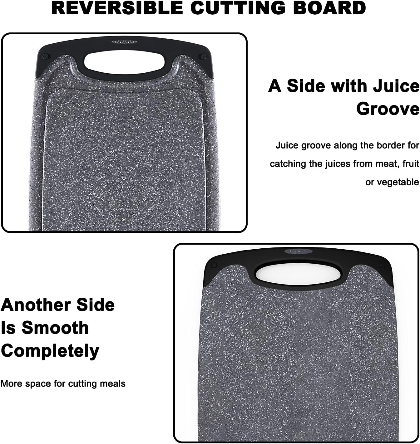 Viretang Plastic Cutting Boards Set of 3 for Kitchen, Thick Chopping Board with Deep Juice Grooves, Non‑Slip Feet, Easy Grip Handle, BPA Free, Dishwasher Safe,Black