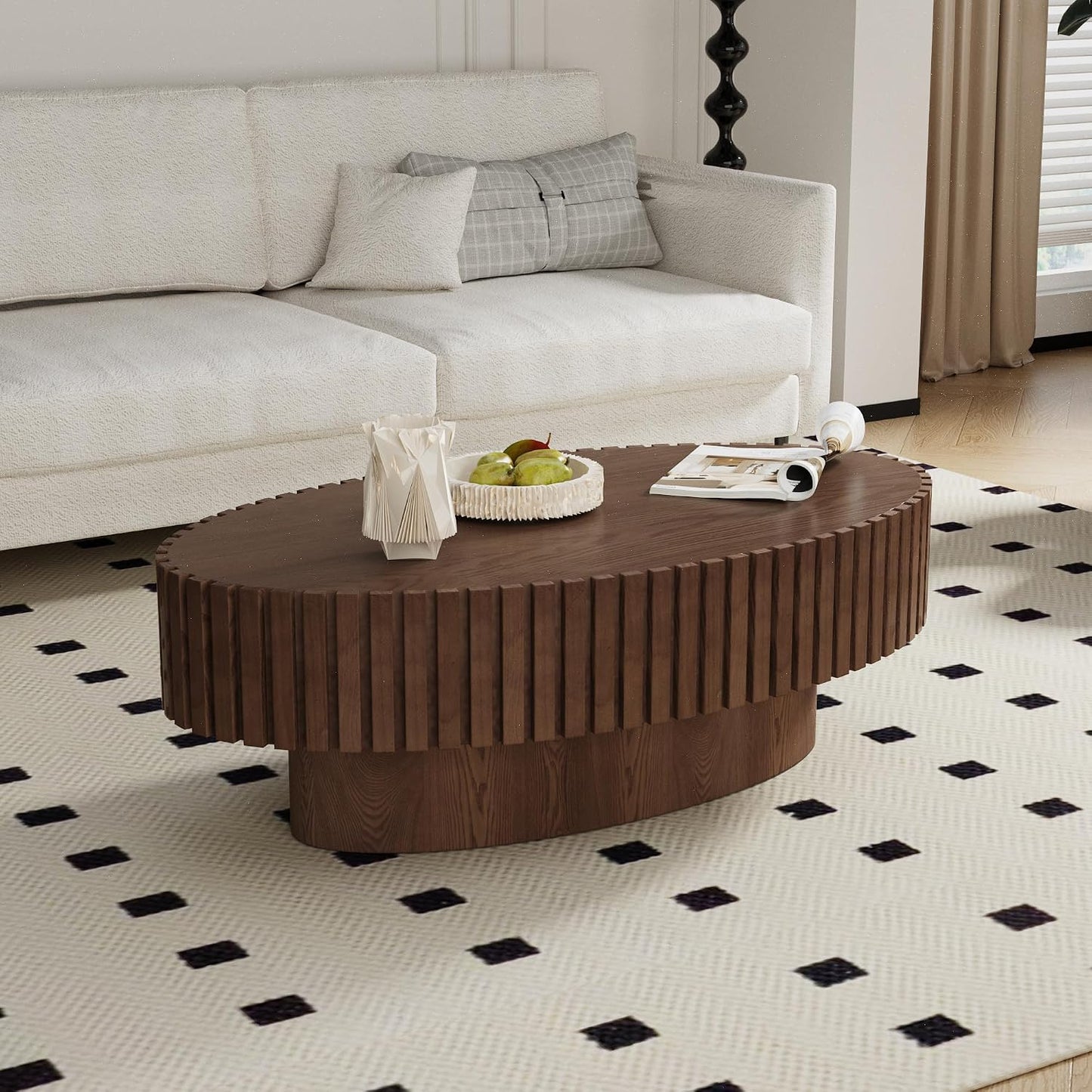 Oval Fluted Coffee Table (Oval Brown 43.3in) | Drum Coffee Tables for Living Room | Modern Pedestal Center Table