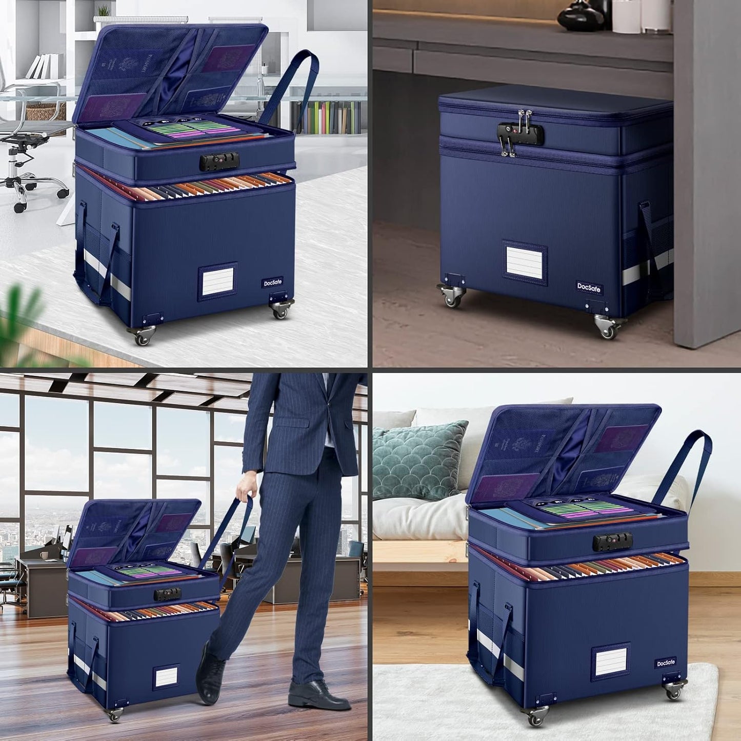 DocSafe File Box with Lock, 2-Layer Fireproof Document Box with Wheels,Collapsible File Storage Organizer with Pockets,Large Portable Office Filing Cabinet Hanging Folders,Blue,16''x13.8''x12.2''