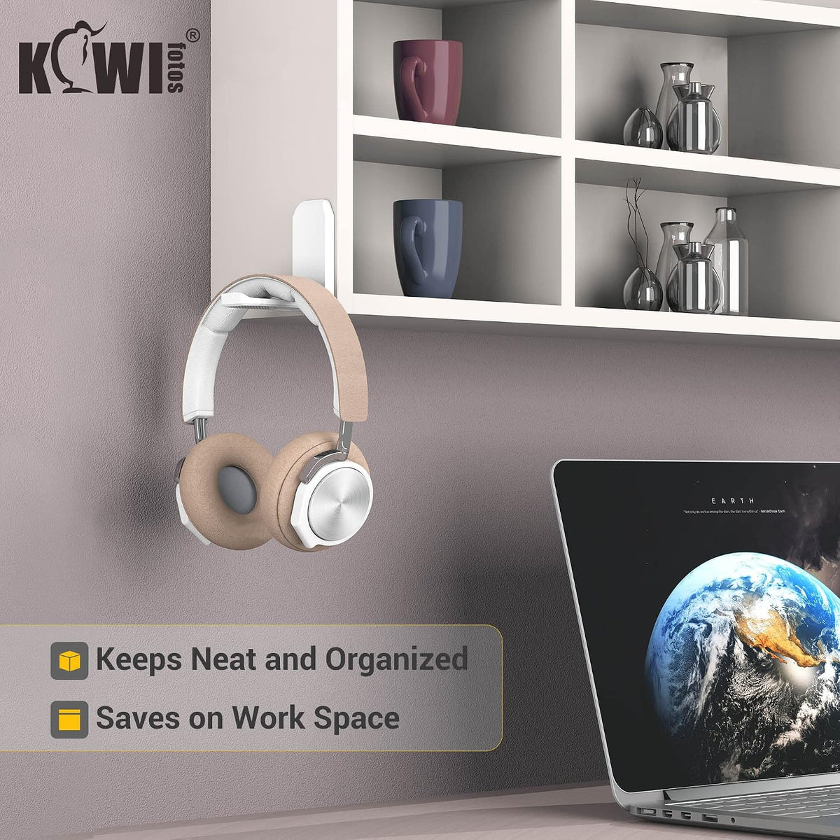 KIWIFOTOS 2 Pack Adhesive Desk Headphone Hanger, PC Gaming Headset Holder Stand, Adhesive Holder Mount for Wall, Foldable Headphones Hook Mount Under Desk - White,Two Pack