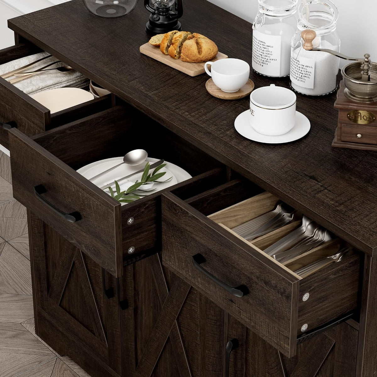 HOSTACK Kitchen Buffet Cabinet with Storage, Sideboard Coffee Bar, Brown | Farmhouse Kitchen Storage Cabinet with 3 Drawers & Adjustable Shelf & Doors, 42.5"W Buffet Table for Dining Living Room